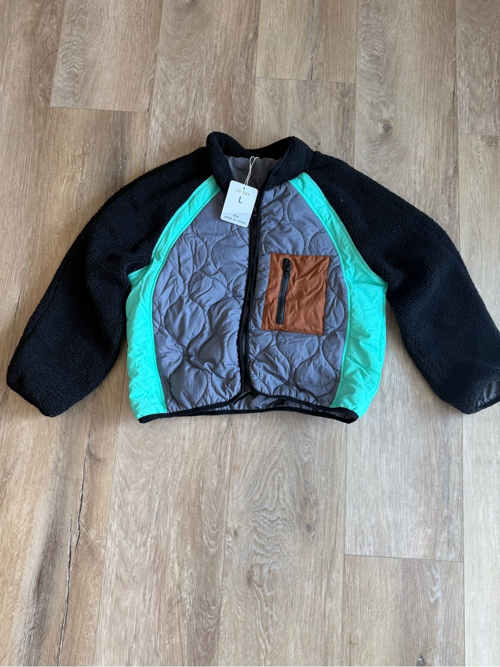 Women Teddy Jacket in Black with Teal & Gray Colorblock